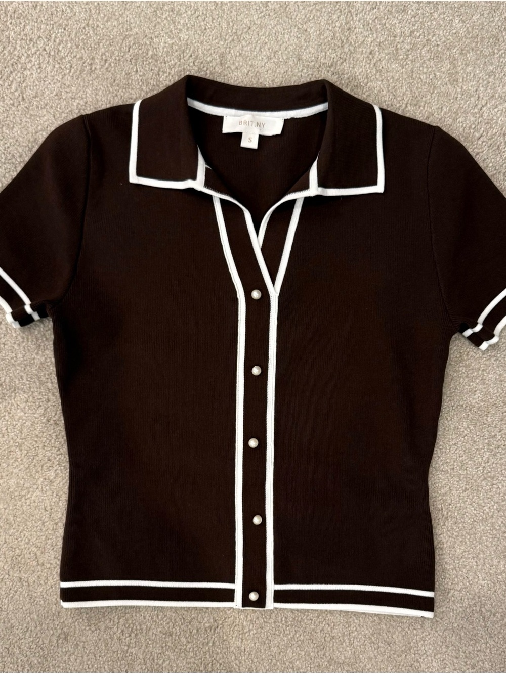 BRITNY Black Short-Sleeve Button Cardigan with White Trim